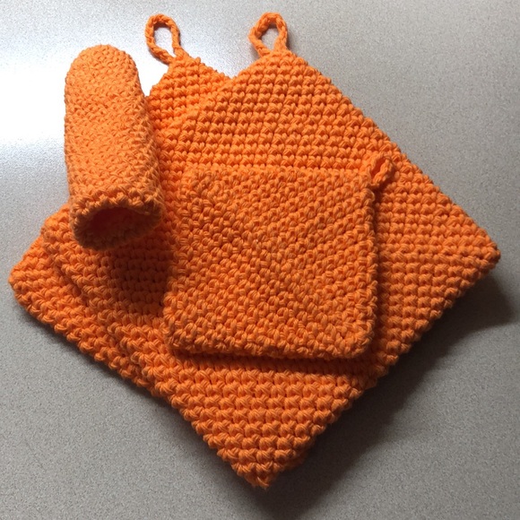 yarn hot off the hook Other - 2 Orange cotton potholders , 1 cotton scrubby & 1 cast iron holders